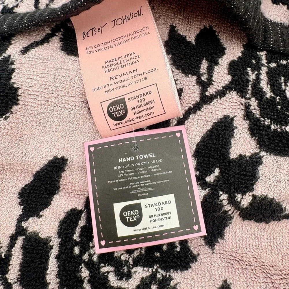 Betsey Johnson Set of 2 Hand Towels Black Pink Rose Floral Cotton Blend New